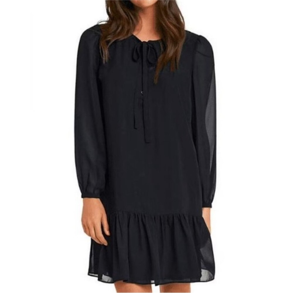 Draper James “Rosanne” Tie Neck Flounce Shift Black Long Sleeve Dress – Small